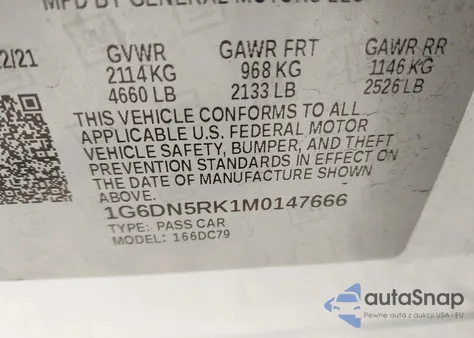 2021 Cadillac Ct5 Premium Luxury z USA, uszkodzony, nr VIN 1G6DN5RK1M0147666